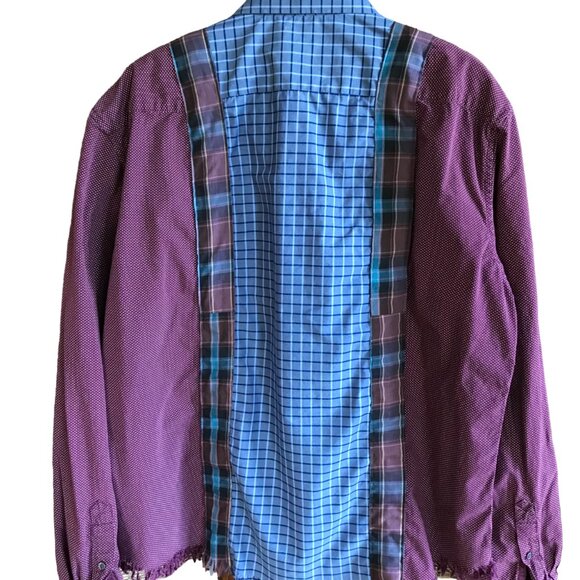 Upcycled Patchwork Button-Down Shirt, Size M-L: Boho Blue Purple Polka Dot Top - Picture 3 of 15